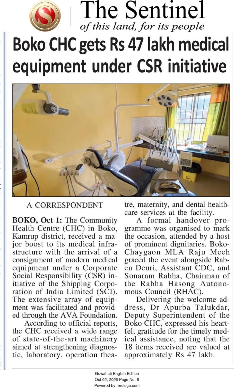 AVA Foundation Supports Boko Community Health Centre with Medical Equipment Worth ₹47 Lakh